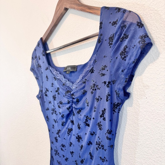 Y2K Velvet Burnout Prom Dress Blue Floral Mesh Bodycon Whimsigoth Witchy Vibe S - Picture 2 of 8